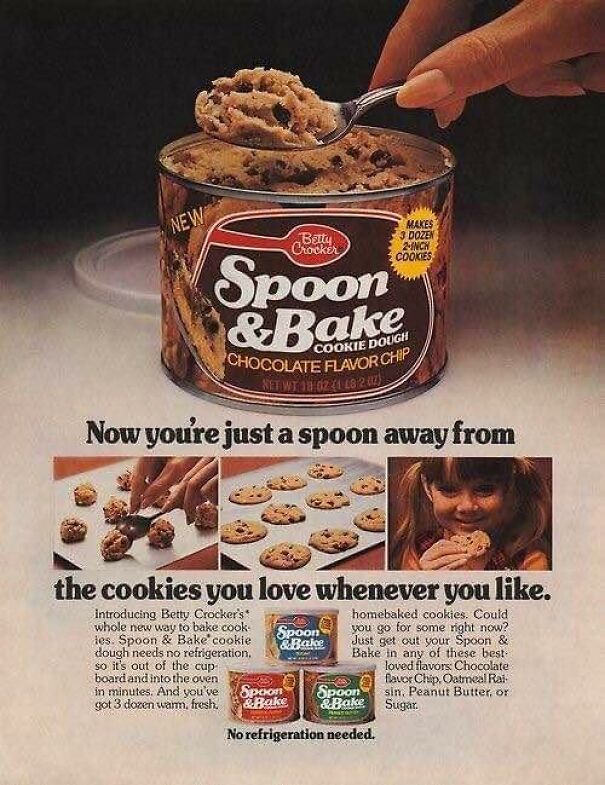 Vintage ad for Betty Crocker Spoon & Bake cookie dough showing a hand scooping chocolate chip dough with retro packaging.