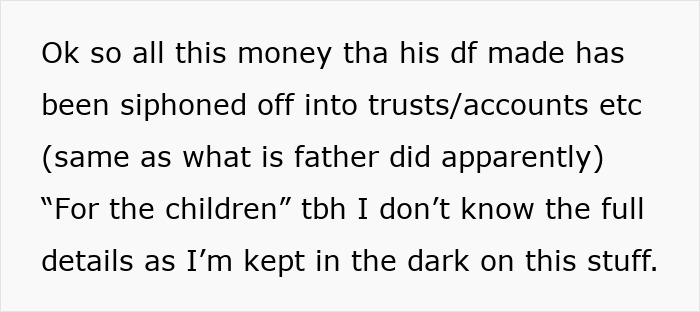 Text message about money siphoned into secret trusts and accounts, raising questions about trust funds for kids and family finances.
