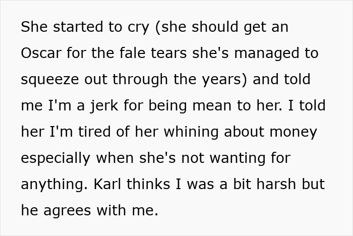 Alt text: Woman upset over greedy MIL wedding gift expectations during a family money dispute conversation.