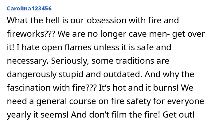 Comment expressing frustration about fire obsession and urging fire safety, related to disturbing new details about Swiss resort blaze. Comment expressing frustration about fire obsession and urging fire safety, related to disturbing new details about Swiss resort blaze.
