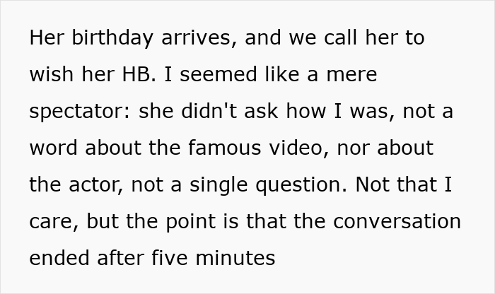 Text block describing a short birthday call, highlighting the tension when MIL demands a DIL risk her job for a celebrity birthday video.