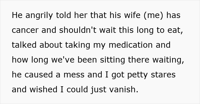 Printed text describing husband use cancer diagnosis excuses, woman upset, stared at, wishes she could vanish