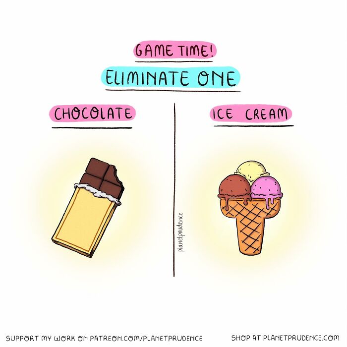 Comic by Planet Prudence showing a playful choice between chocolate and ice cream, illustrating themes about being a woman.