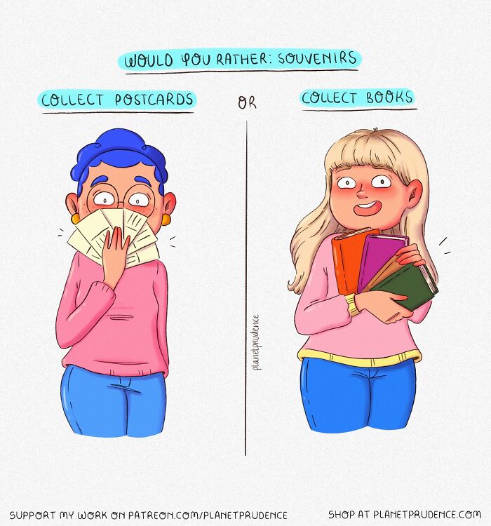 Comic from Planet Prudence showing two women choosing between collecting postcards or books as souvenirs.