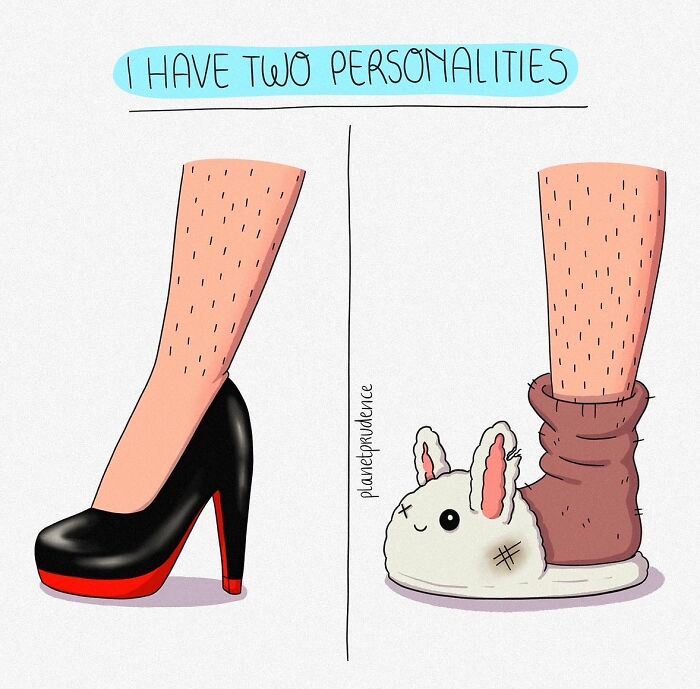 Two legs side by side, one in a black high heel and the other in a bunny slipper, illustrating dual personalities comic.