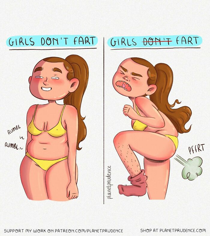 Comic illustration by Planet Prudence humorously showing what being a woman is like with a playful fart scene.