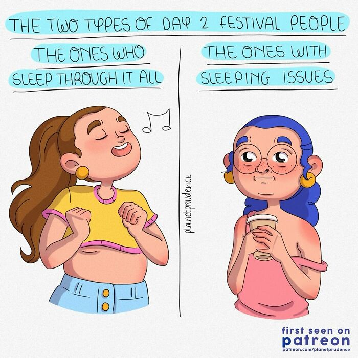 Cartoon showing two types of festival people, a woman sleeping through it all and a woman with sleeping issues.