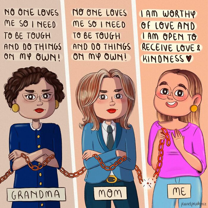 Colorful comic by Planet Prudence showing three generations of women breaking emotional chains and embracing self-worth.