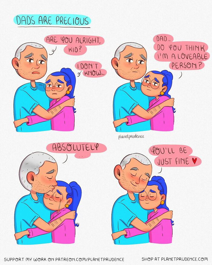 Comic strip by Planet Prudence showing a father comforting his daughter, illustrating themes of being a woman and emotional support.