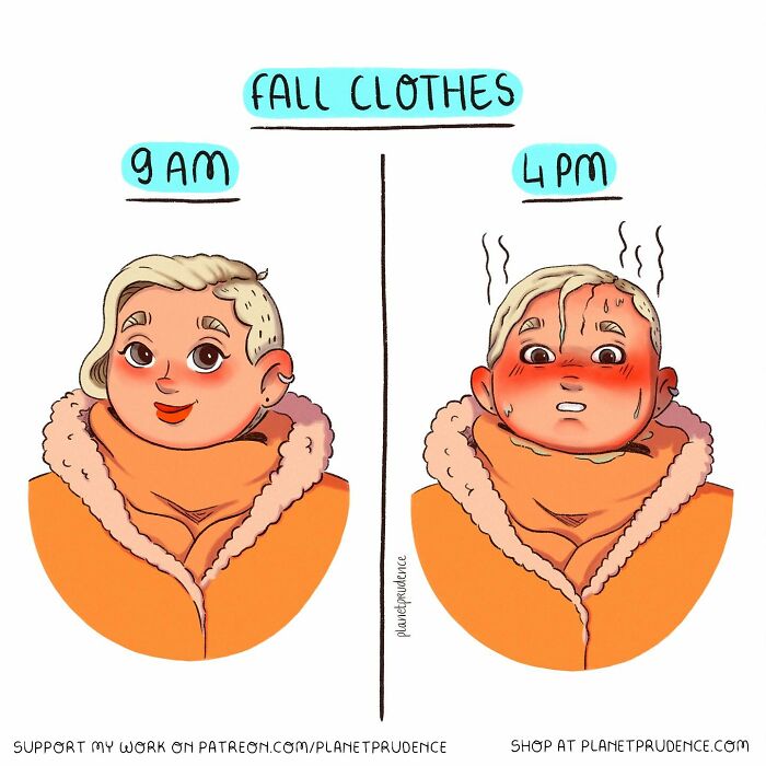 Illustration from Planet Prudence comics showing a woman dressed for fall at 9 AM and overheating by 4 PM.