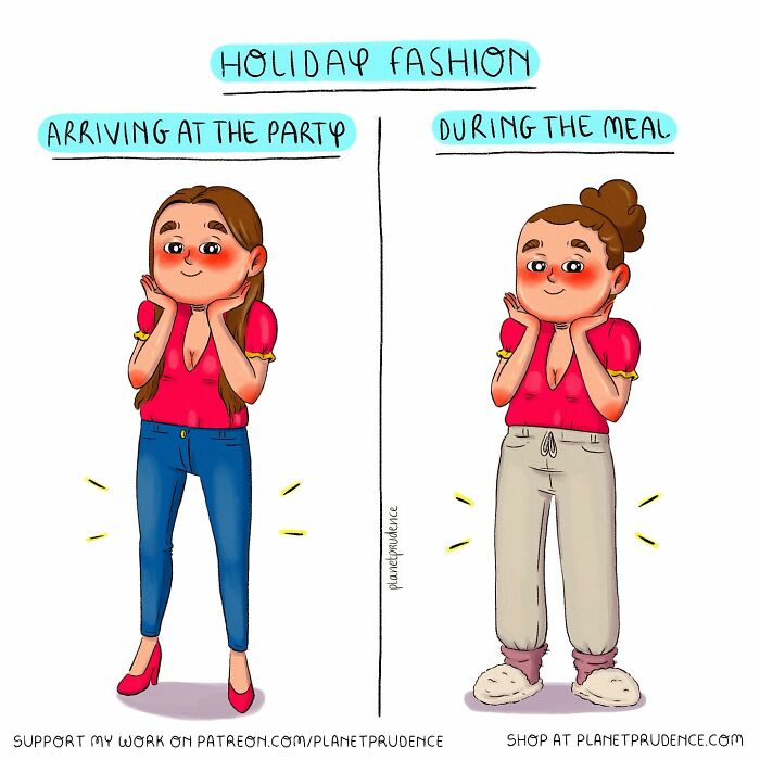 Cartoon showing holiday fashion humor with woman in stylish jeans and heels arriving at party, and comfy pants during meal.
