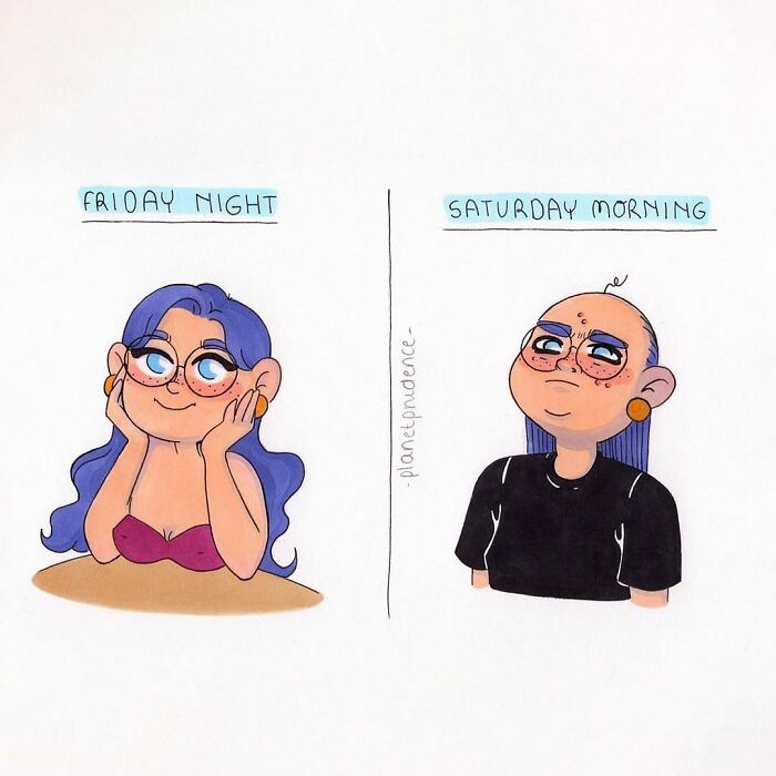 Cartoon showing a woman’s change from Friday night glam to Saturday morning casual in comics by Planet Prudence.