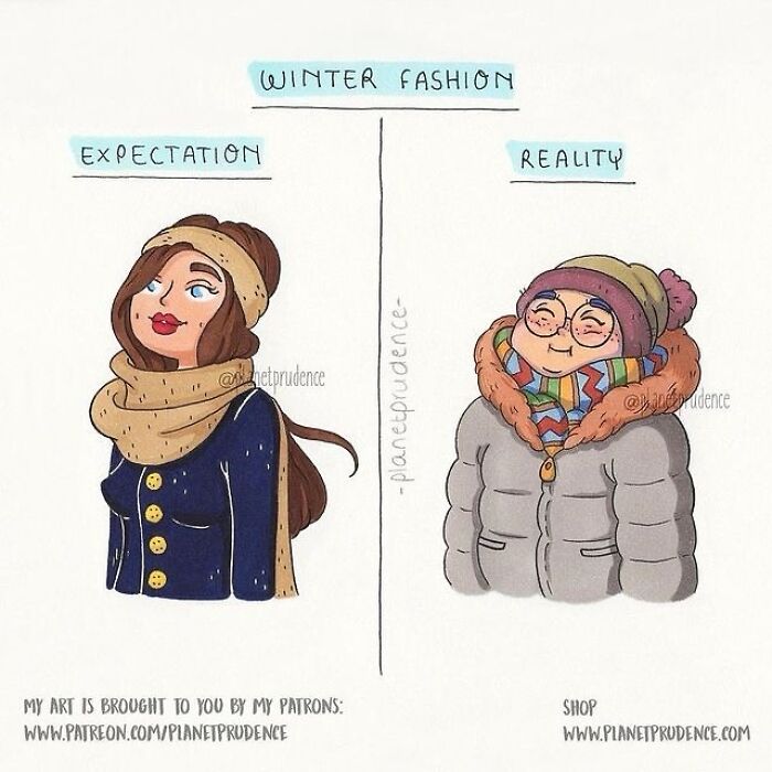 Cartoon showing winter fashion expectation vs reality illustrating woman humor in Planet Prudence comics.