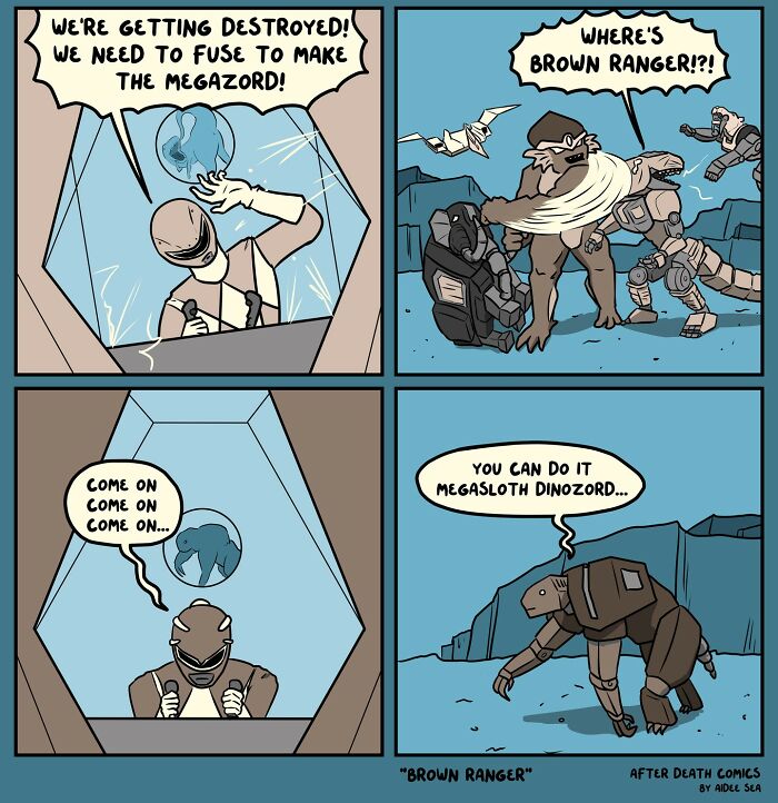 Comic panels featuring robots and dinosaurs in a weird humor style from comics with slightly weird sense of humor by Aidee Sea.