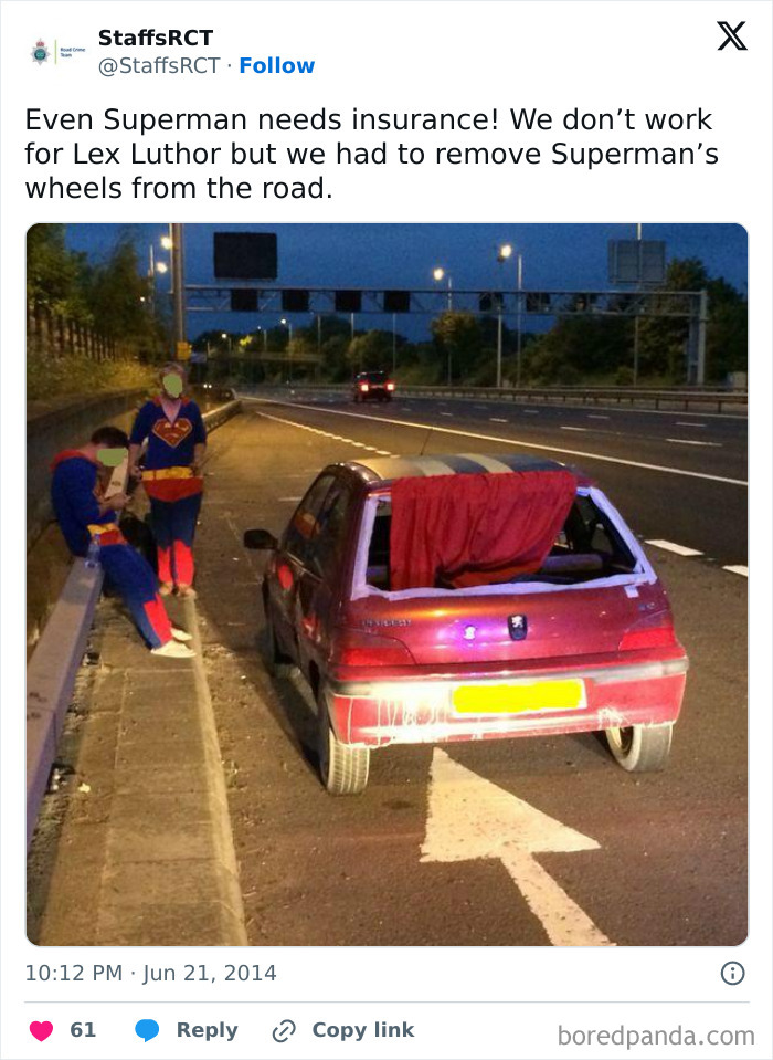 Police social media post showing officers in superhero costumes next to a car missing rear wheels on a highway at night.