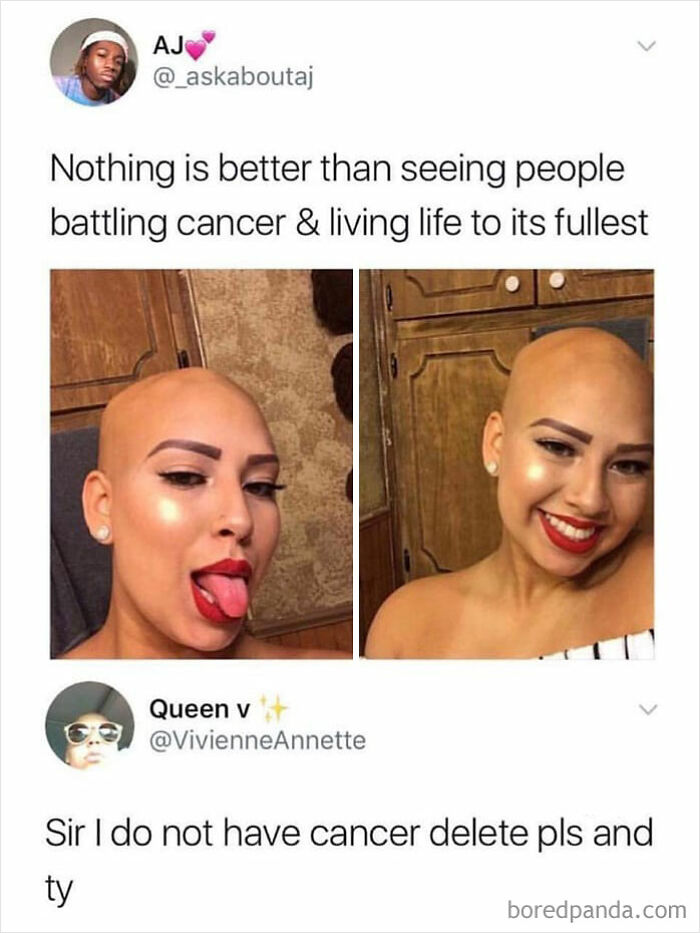 Two photos of a woman striking playful poses paired with dark humor memes about cancer and life, showcasing dark humor memes.