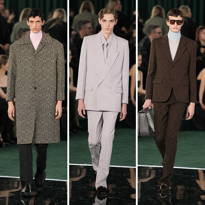 Three Gucci male models walking the runway wearing 1995 and 2025 inspired suits in viral Zombie Land video comparison.