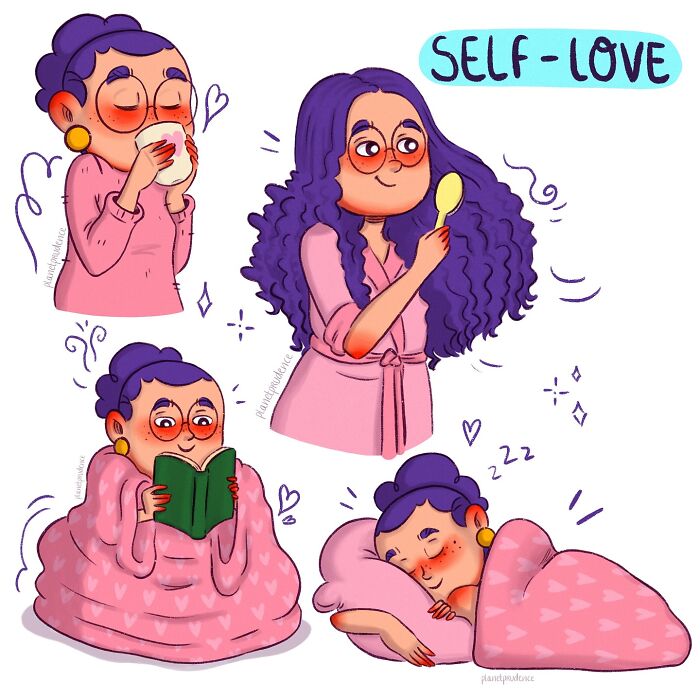 Illustration from Planet Prudence comics showing moments of self-love and daily life reflecting what being a woman is like.