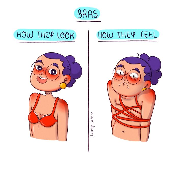 Comic illustration by Planet Prudence showing how bras look versus how they feel, capturing the experience of being a woman.