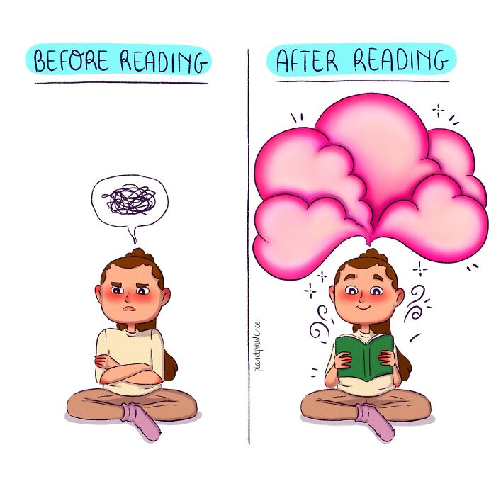 Cartoon woman sitting cross-legged before and after reading, showing confused to enlightened expression and pink cloud.