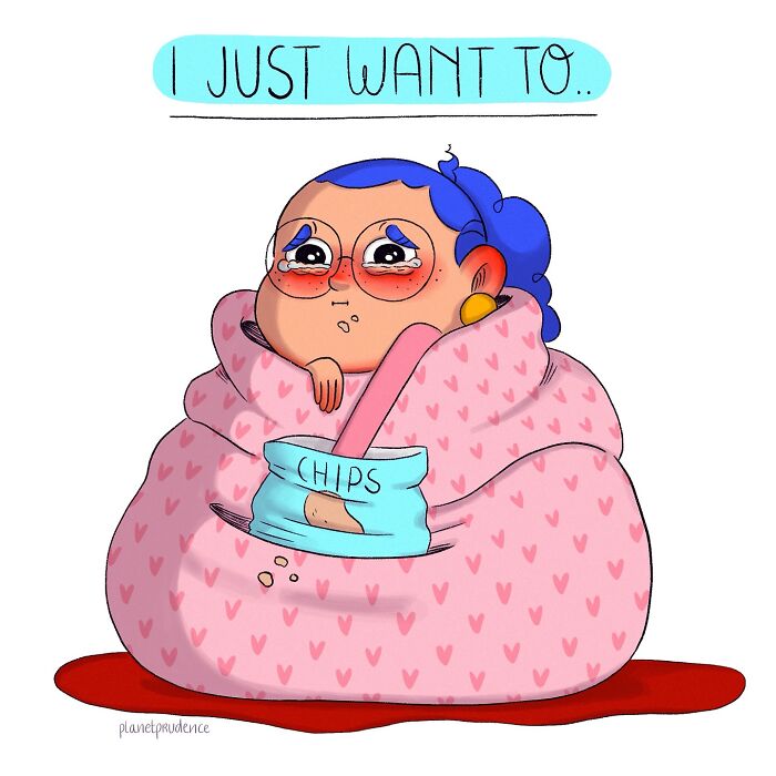 Illustration from Planet Prudence comics showing a woman wrapped in a blanket eating chips, expressing emotions of comfort and sadness.