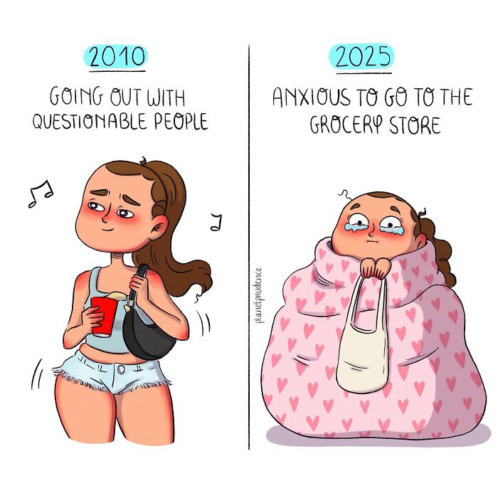 Comic by Planet Prudence showing the contrast of being a woman, from social outings in 2010 to anxiety in 2025.