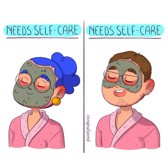 Comic showing self-care routine by Planet Prudence, illustrating aspects of being a woman in a humorous style.