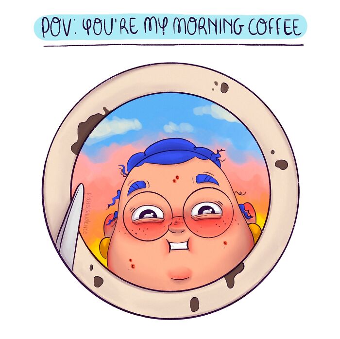 Comic illustration from Planet Prudence showing a smiling woman with morning coffee perspective and colorful sky background.