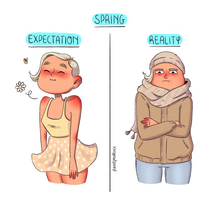 Comic illustration by Planet Prudence showing the expectation vs reality of spring, capturing relatable moments of being a woman.