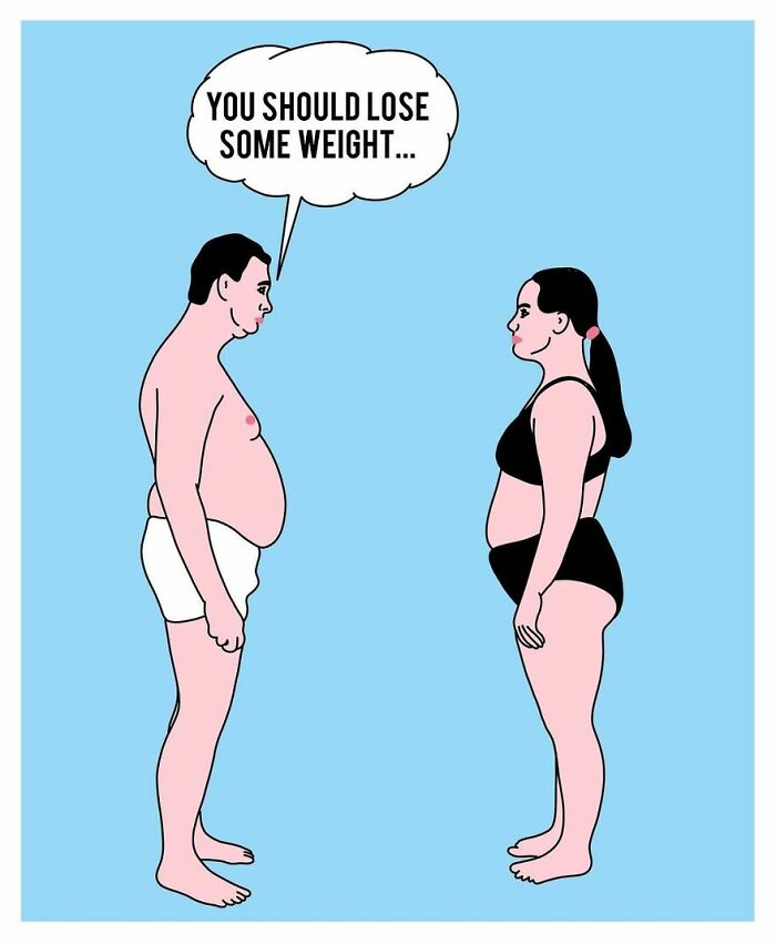 Studio Stoutpoep illustrations showing a man and woman in underwear facing each other, man says You should lose some weight