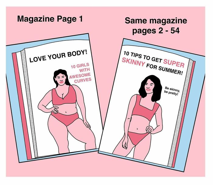 Studio Stoutpoep illustrations of two magazine covers: one body positive, one urging skinniness, satirical contrast