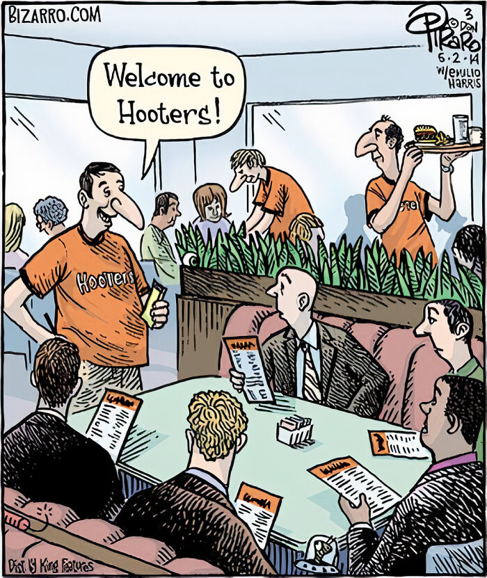 Cartoon scene at a restaurant with staff greeting customers, illustrating relatable moments in modern life by Dan Piraro.