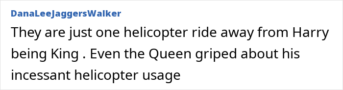 Comment screenshot referencing Prince William with his kids and helicopter use, mentioning Harry and the Queen