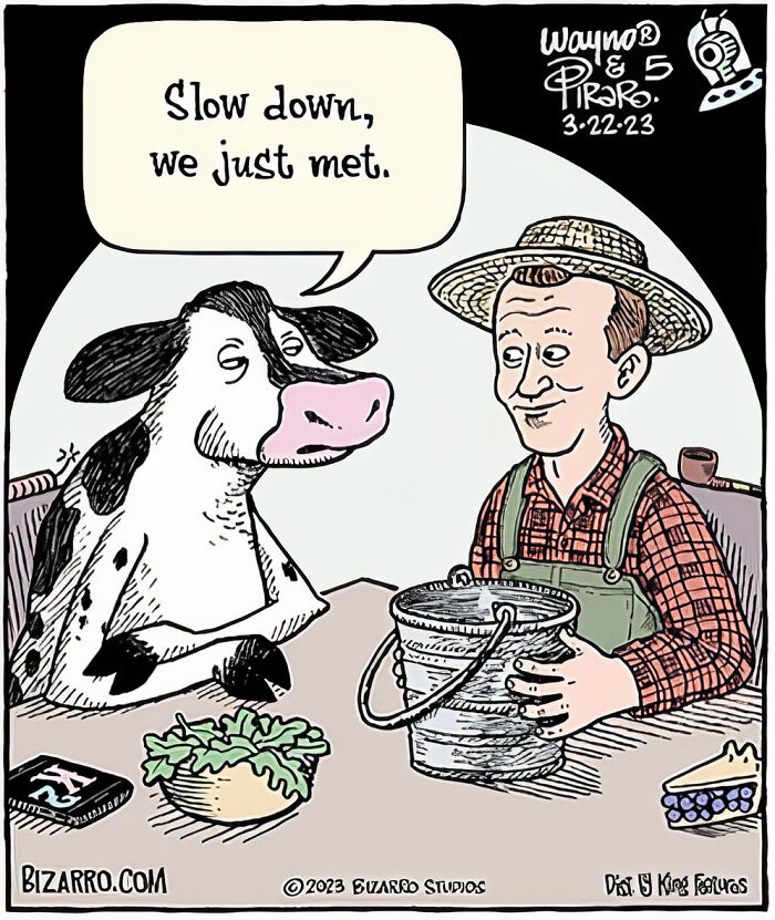 Cartoon of a farmer and cow at a table with a speech bubble, illustrating relatable moments in modern life cartoons.