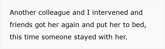 Text on a white background reading a colleague intervened and friends put a woman to bed, sparking a debate on double standards.