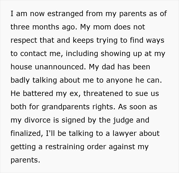 Text post describing estrangement from parents, mentioning disrespect, unannounced visits, and plans for a restraining order. - 31