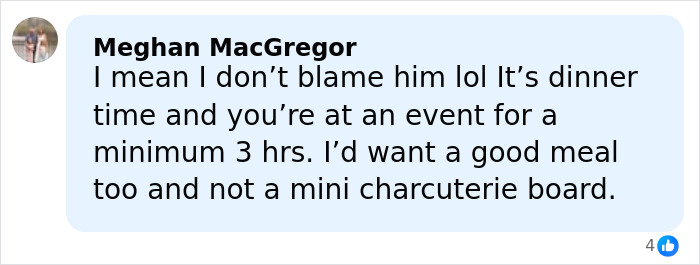 Comment from Meghan MacGregor criticizing Critics Choice Awards disappointing food, mentioning desire for a good meal over a mini charcuterie board.