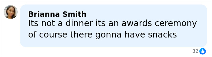 Comment by Brianna Smith discussing Critics Choice Awards snacks versus dinner at the awards ceremony.