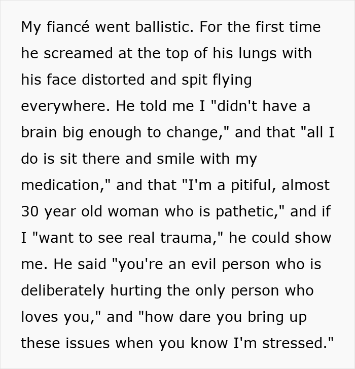 Fiancée faces emotional a***e after regaining confidence with medication, partner demands she stop taking them. Fiancée faces emotional a***e after regaining confidence with medication, partner demands she stop taking them.