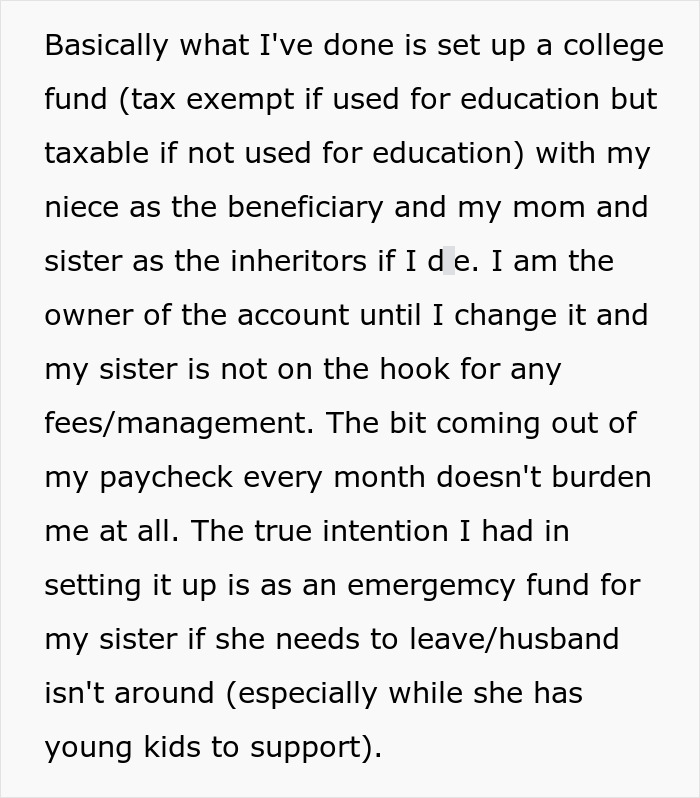 Text explaining a woman starting a secret fund as emergency support for her sister who became a tradwife.