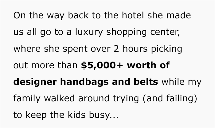 Greedy Mom buying $5,000+ designer handbags and belts at a luxury shopping center while family waits