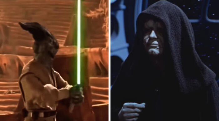 Would You Rather split image: Jedi with green lightsaber confronting hooded dark lord in cinematic scene