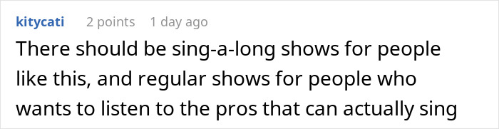 Reddit comment screenshot about sing-a-long shows and audience preferences mentioning Male Karen.