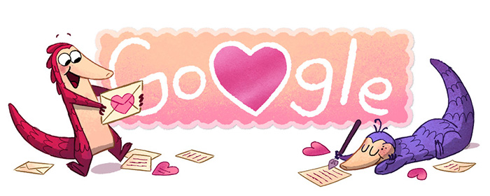 Playful Google Doodle game featuring two animated anteaters exchanging love letters with heart shapes in a colorful setting.