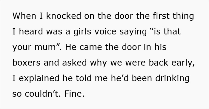 Text excerpt showing a shocked mom confronting her son about cheating and threatening to tell his girlfriend.