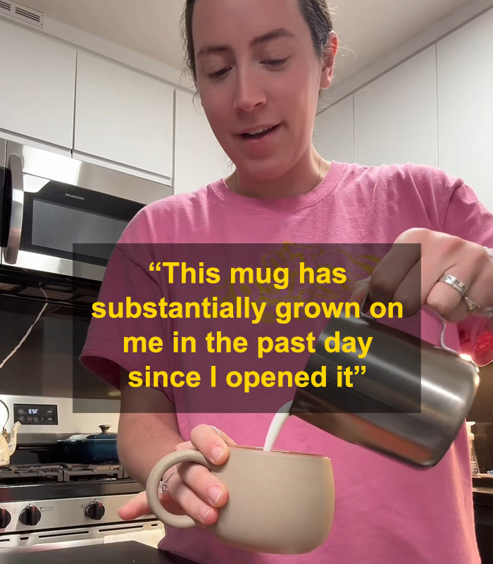 Woman in pink shirt pouring milk into a coffee mug, highlighting fiancé’s mug gift sparking relationship debate online. Woman in pink shirt pouring milk into a coffee mug, highlighting fiancé’s mug gift sparking relationship debate online.