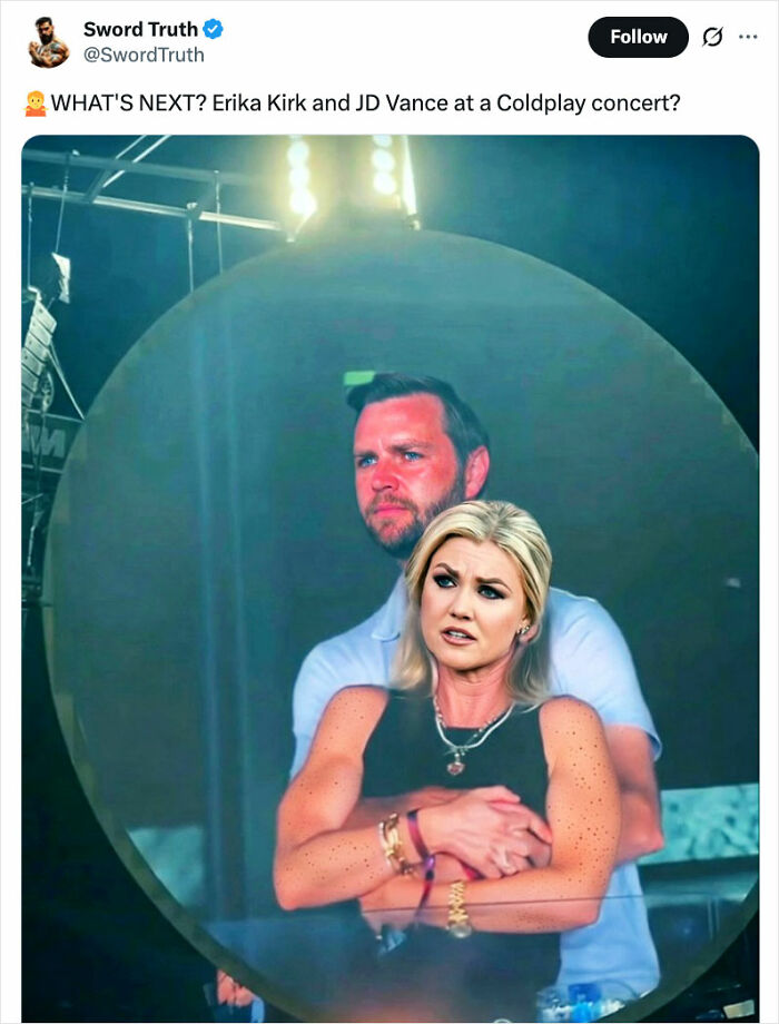 Man hugging a woman with a worried expression, a meme featuring Erika Kirk that is both wild and funny.