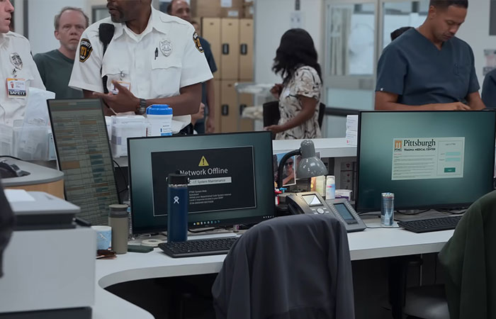 Hospital staff interacting in a busy medical office with computers and equipment for The Pitt Season 2 Episode 2 preview.