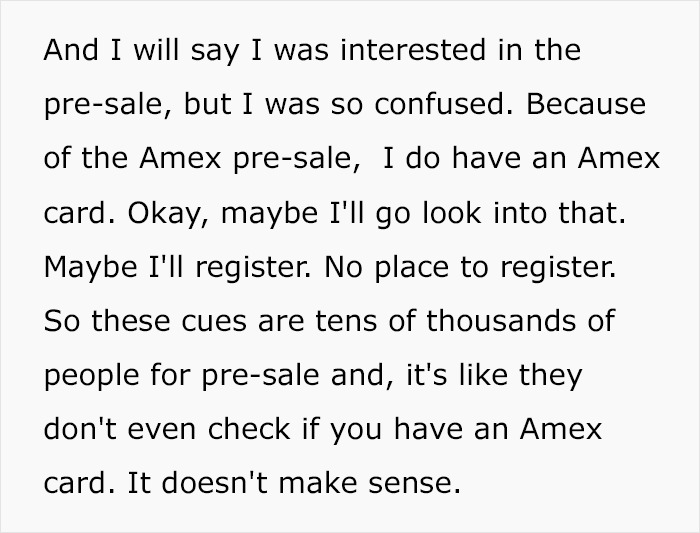 Fan expresses confusion and frustration over Harry Styles new tour ticket pre-sale process with Amex card requirements.