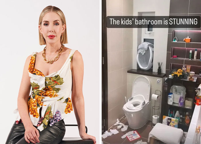 Mujer rubia con blusa estampada sentada junto a baño infantil desordenado en una de las celebrity homes más llamativas.